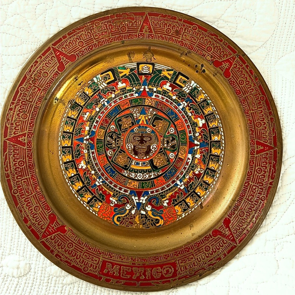 Vintage Copper and Enamel Mexico Aztec Plate Wall Hanging 1970s 11”